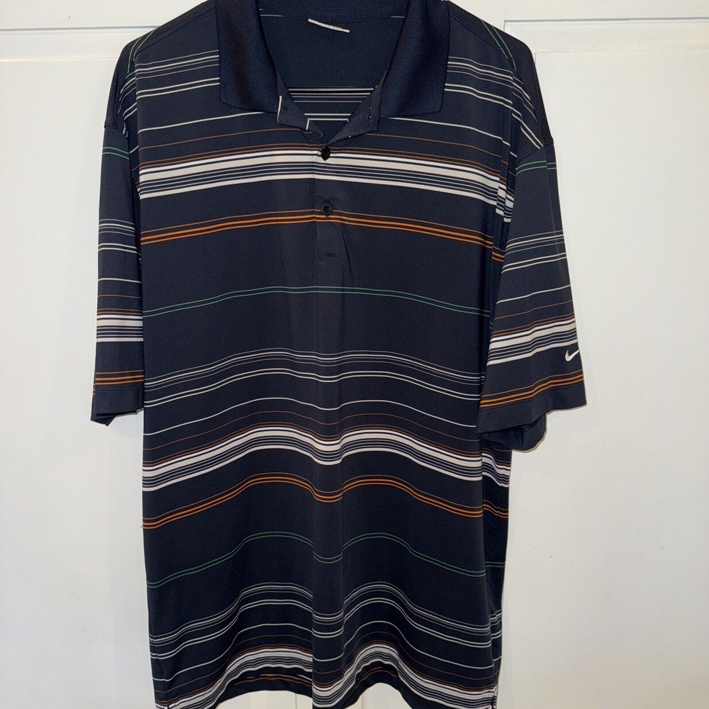 NIKE GOLF POLO‎ SHIRT SS Men L Navy Blue Striped Orange Dri-Fit Athletic Stretch
